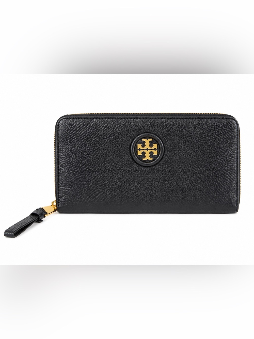 Tory Burch Pebbled Leather Zip Around Wallet Black Gold Logo